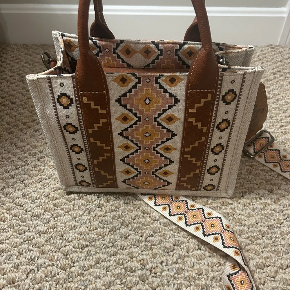 Wrangler Beige, Brown & Tan Patterned Canvas Tote with Detachable Strap - Picture 2 of 5